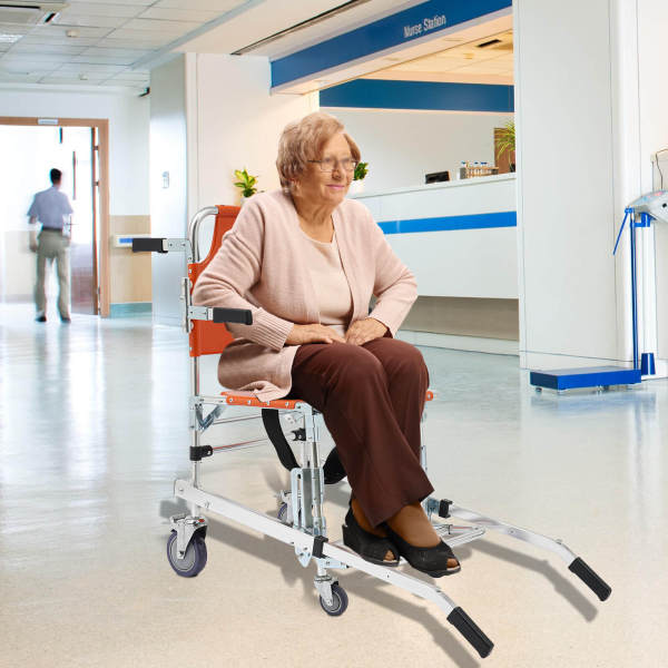 Orange 4-Wheel Stair Chair with Footrest, Folding Evacuation Chair - 350 lbs Capacity, Aluminum Alloy