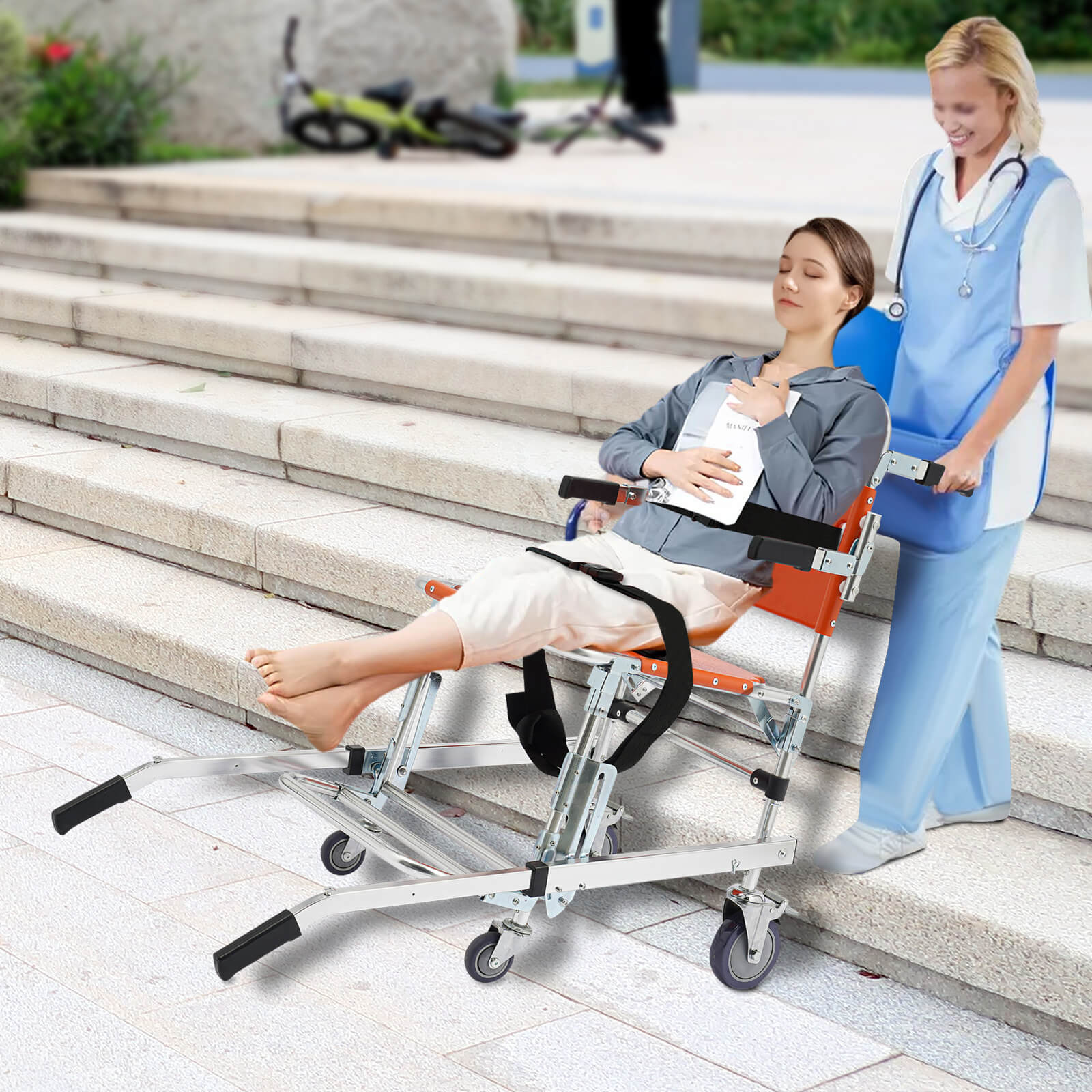Orange 4-Wheel Stair Chair with Footrest, Folding Evacuation Chair - 350 lbs Capacity, Aluminum Alloy Orange 4-Wheel Stair Chair with Footrest, Folding Evacuation Chair - 350 lbs Capacity, Aluminum Alloy
