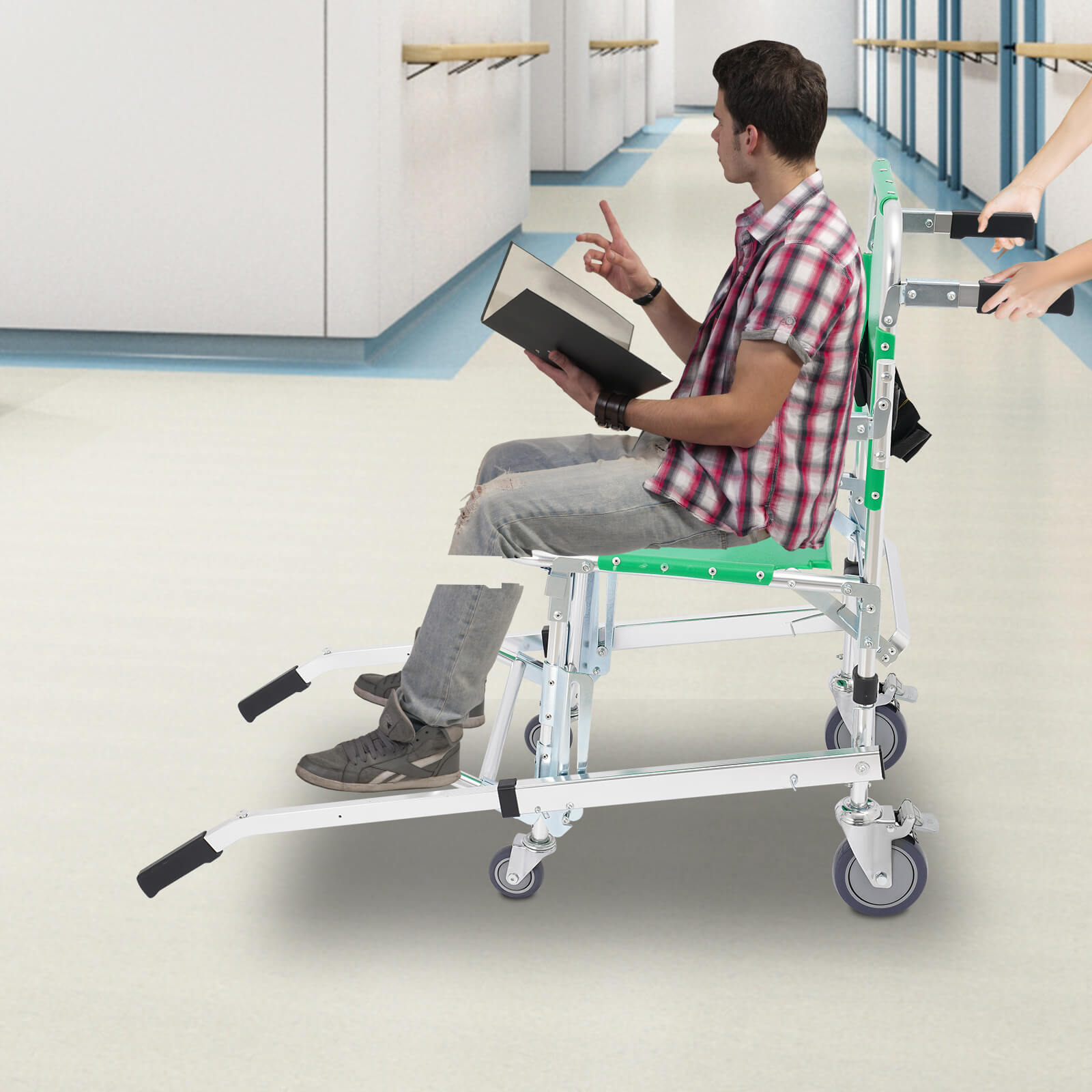 Green 4-Wheel Stair Chair with Footrest, Folding Evacuation Chair - 350 lbs Capacity, Aluminum Alloy	