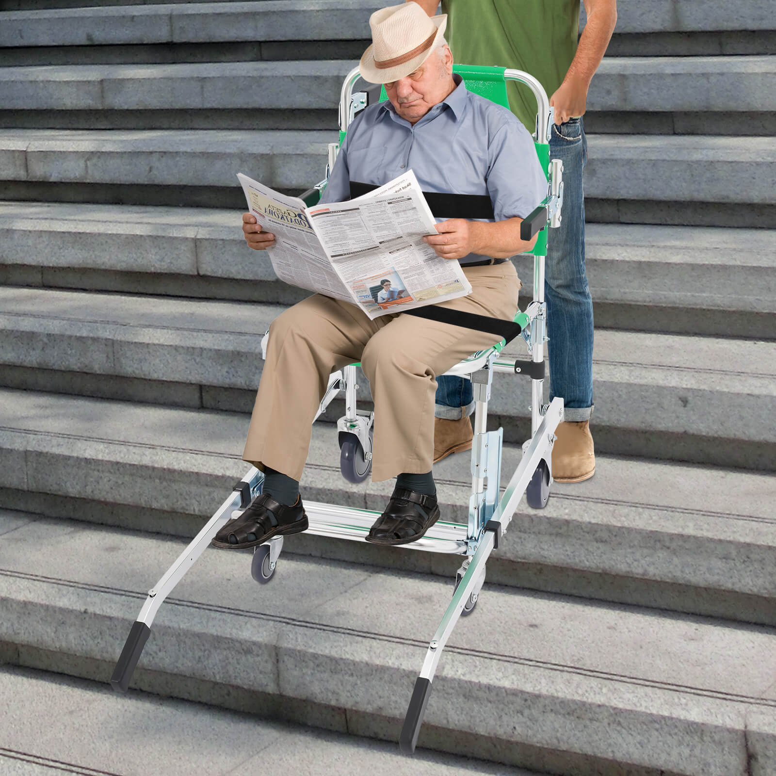 Green 4-Wheel Stair Chair with Footrest, Folding Evacuation Chair - 350 lbs Capacity, Aluminum Alloy	
