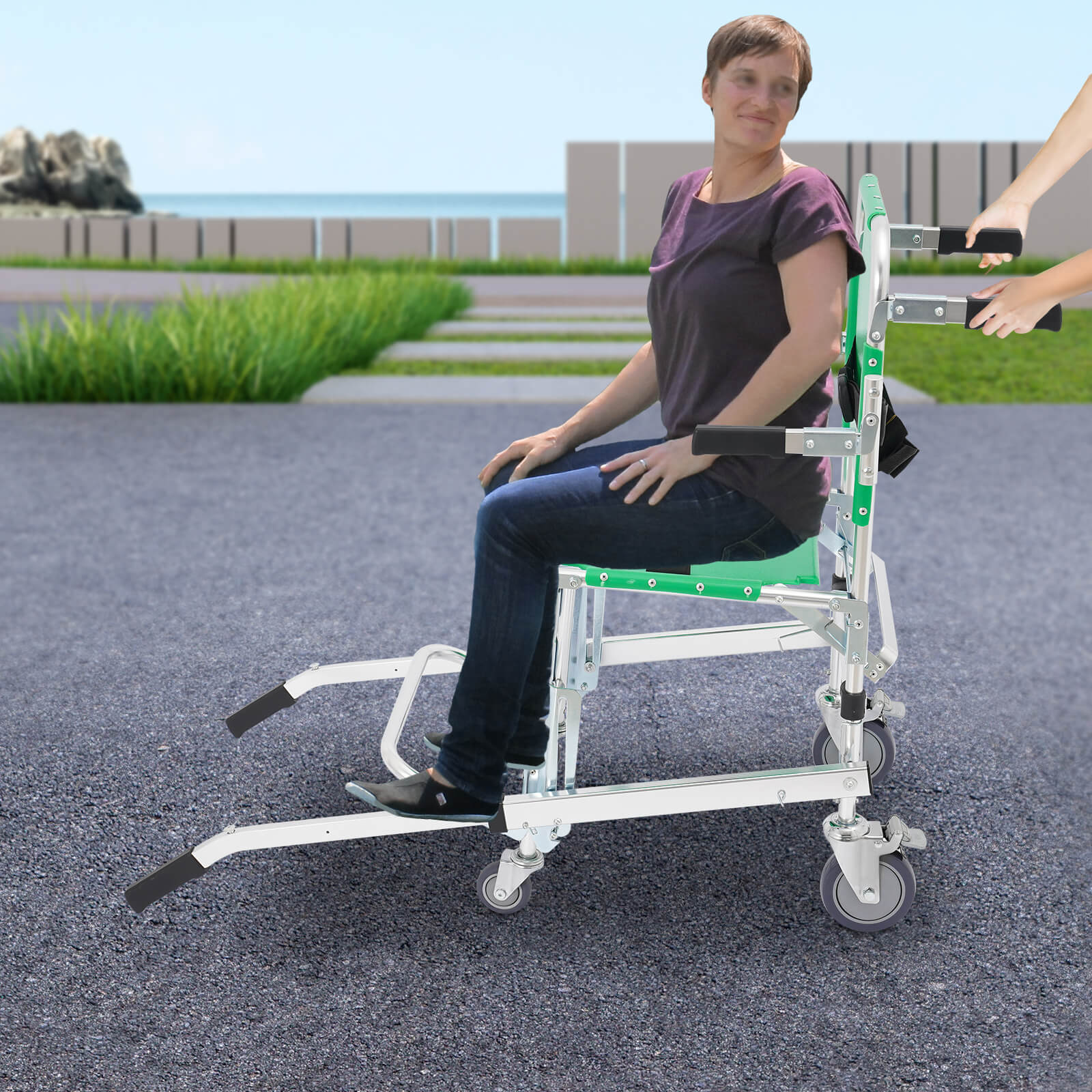Green 4-Wheel Stair Chair with Footrest, Folding Evacuation Chair - 350 lbs Capacity, Aluminum Alloy	
