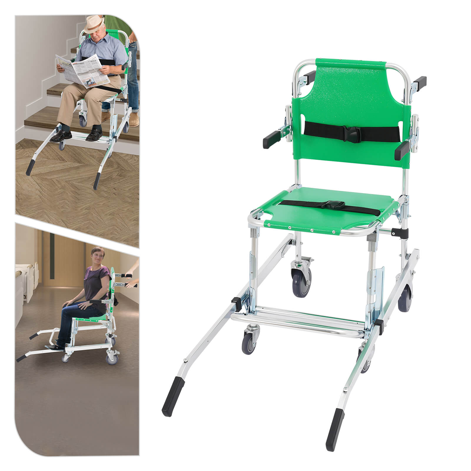 Green 4-Wheel Stair Chair with Footrest, Folding Evacuation Chair - 350 lbs Capacity, Aluminum Alloy	