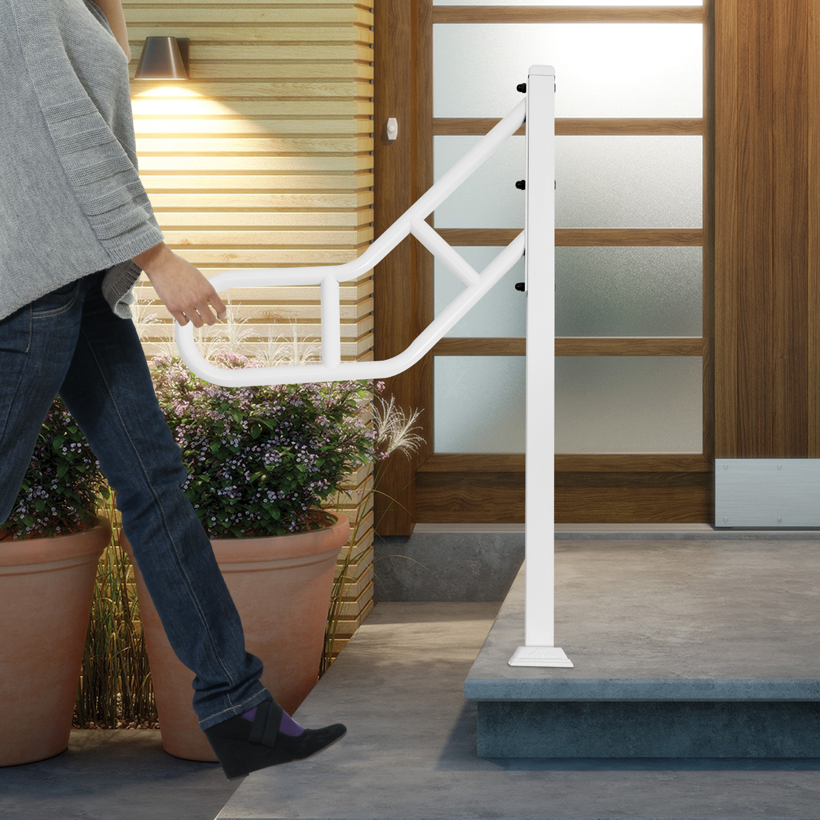 Single post railing, Exterior stair railing for stair treads, U-shaped stair railing, White