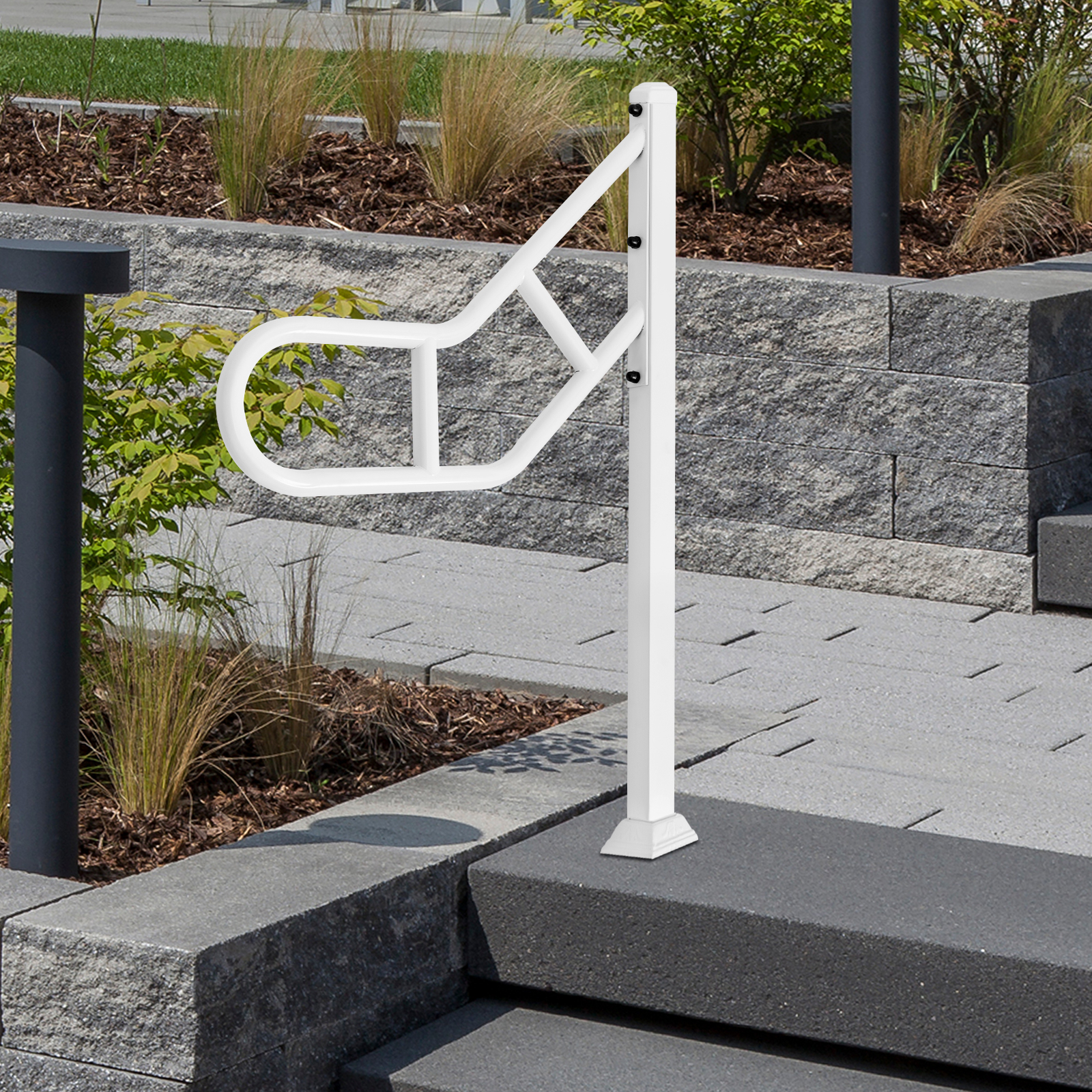 Single post railing, Exterior stair railing for stair treads, U-shaped stair railing, White Single post railing, Exterior stair railing for stair treads, U-shaped stair railing, White