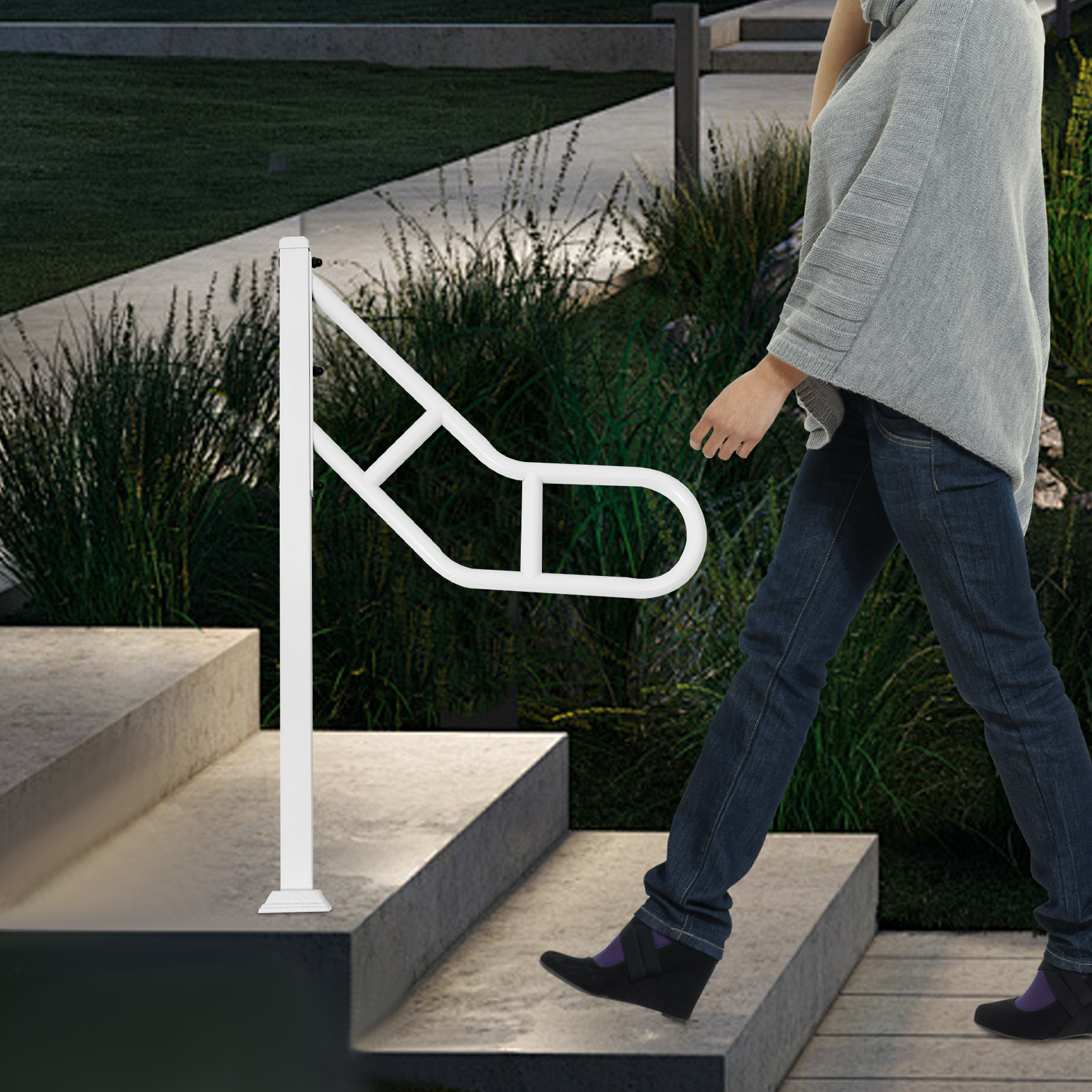 Single post railing, Exterior stair railing for stair treads, U-shaped stair railing, White Single post railing, Exterior stair railing for stair treads, U-shaped stair railing, White