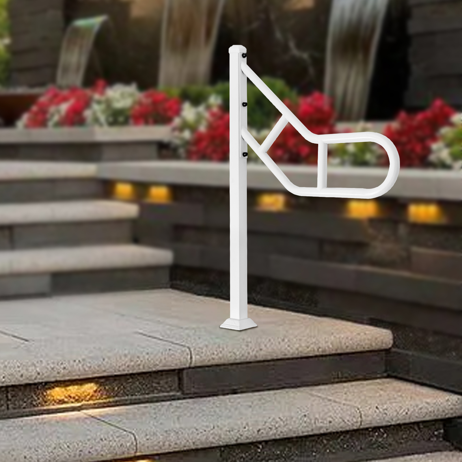 Single post railing, Exterior stair railing for stair treads, U-shaped stair railing, White Single post railing, Exterior stair railing for stair treads, U-shaped stair railing, White