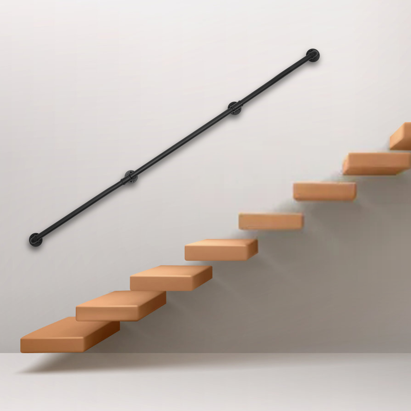 Tube handrail, heavy duty metal with load bearing capacity, 8 feet, 3 sections, Wall clearance: 8cmm, Black