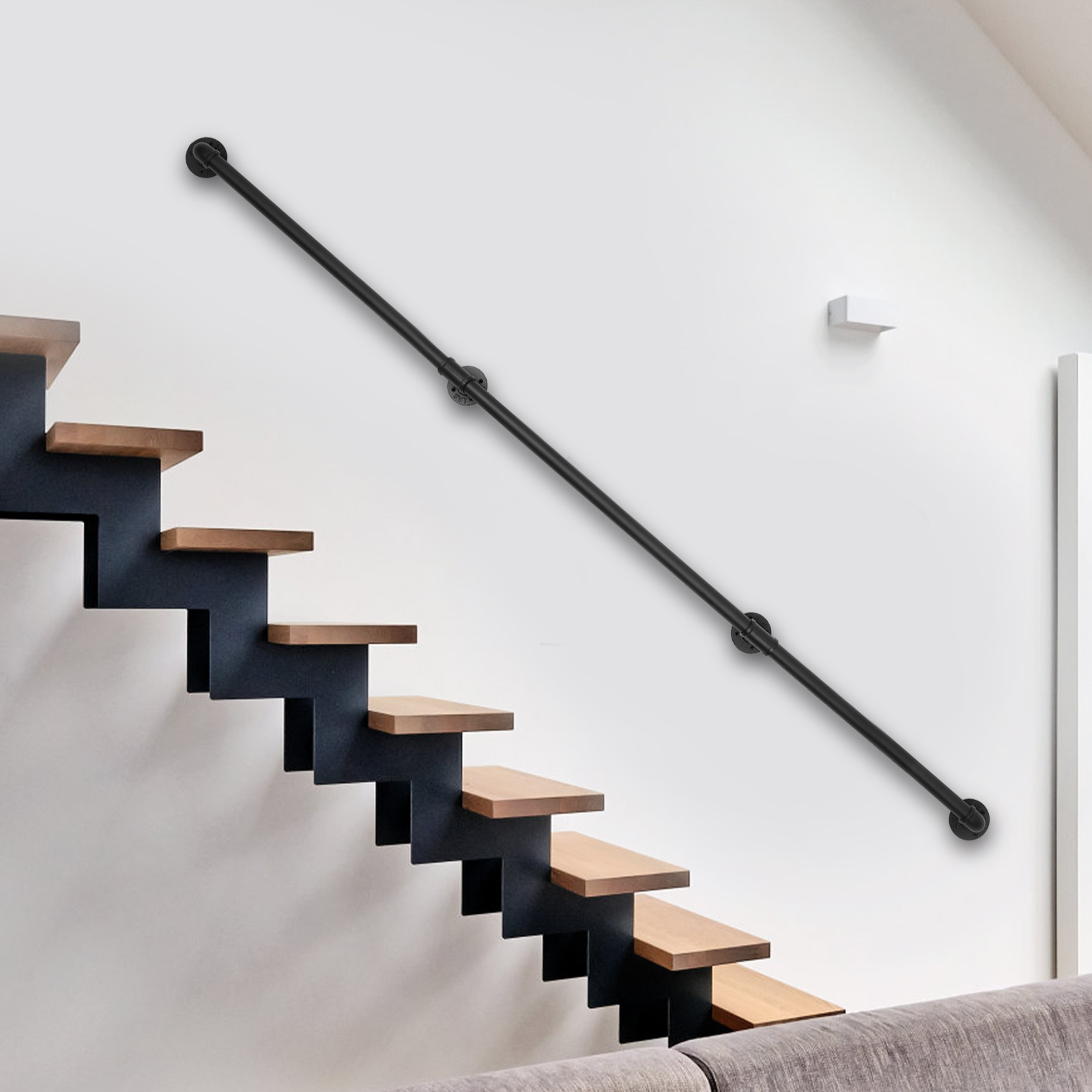 Stair Handrails Pipe Railing Heavy Duty Metal with Load Bearing Capacity Sturdy Construction 12 Ft 3 Sections for Wood Vinyl Brick Stucco Black