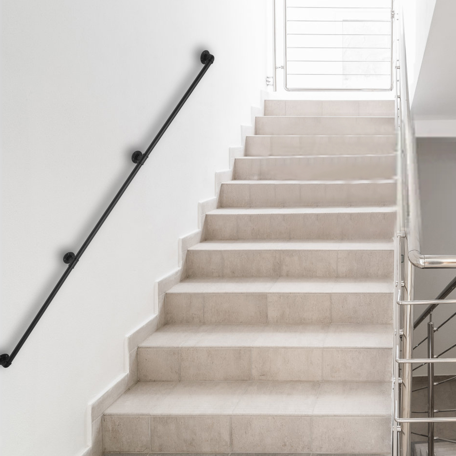 Stair Handrails Pipe Railing Heavy Duty Metal with Load Bearing Capacity Sturdy Construction 12 Ft 3 Sections for Wood Vinyl Brick Stucco Black