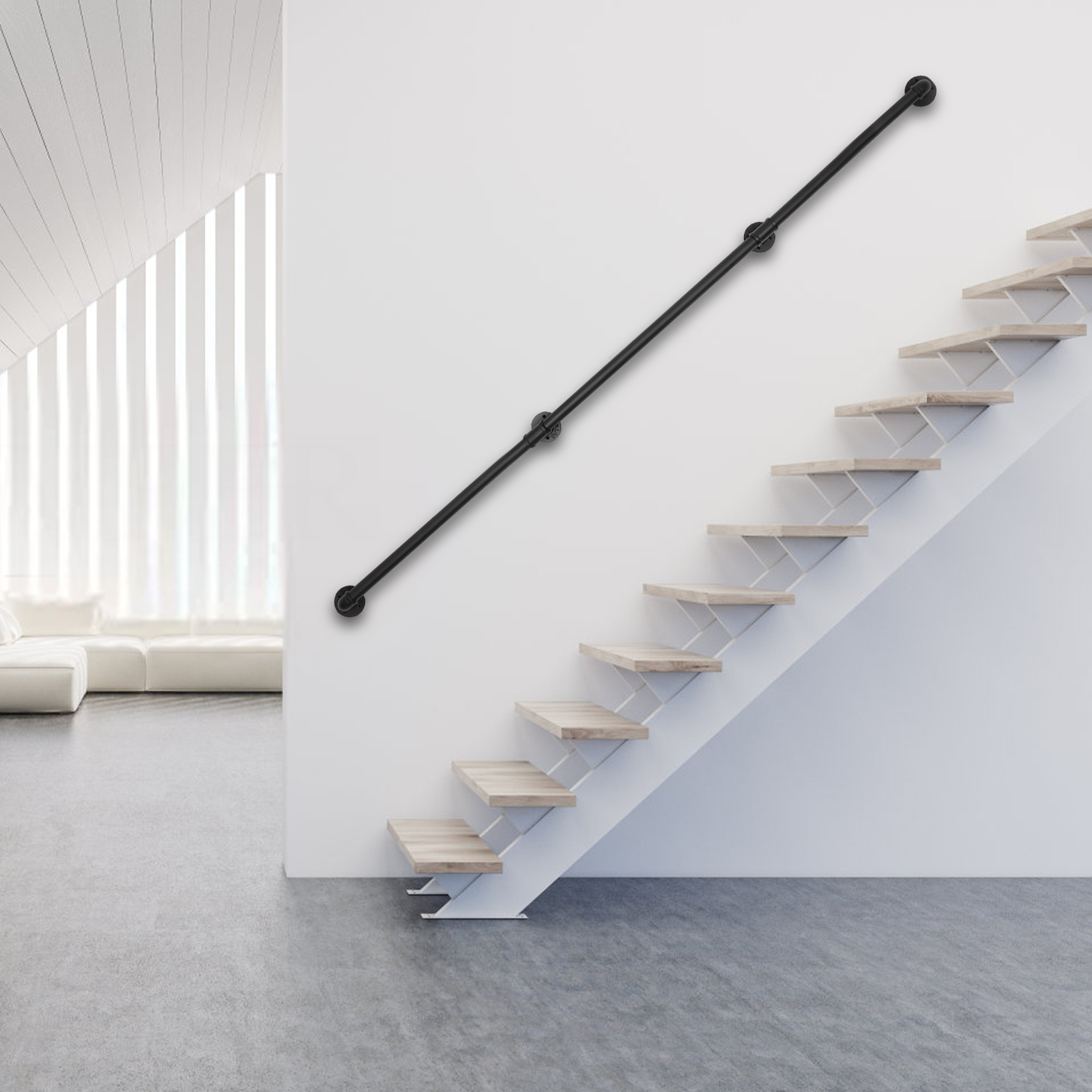 Stair Handrails Pipe Railing Heavy Duty Metal with Load Bearing Capacity Sturdy Construction 12 Ft 3 Sections for Wood Vinyl Brick Stucco Black