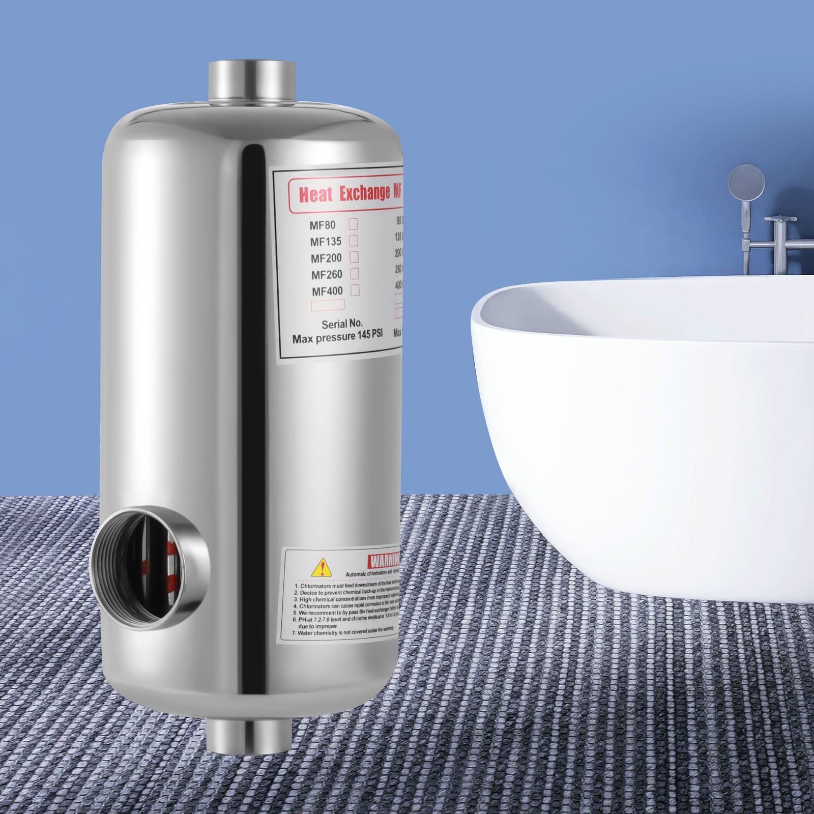 Pool heat exchanger, 28kW stainless steel pool heat exchanger, for pools, spas, hot tub heating, radiant heating, solar hot water, etc Pool heat exchanger, 28kW stainless steel pool heat exchanger, for pools, spas, hot tub heating, radiant heating, solar hot water, etc