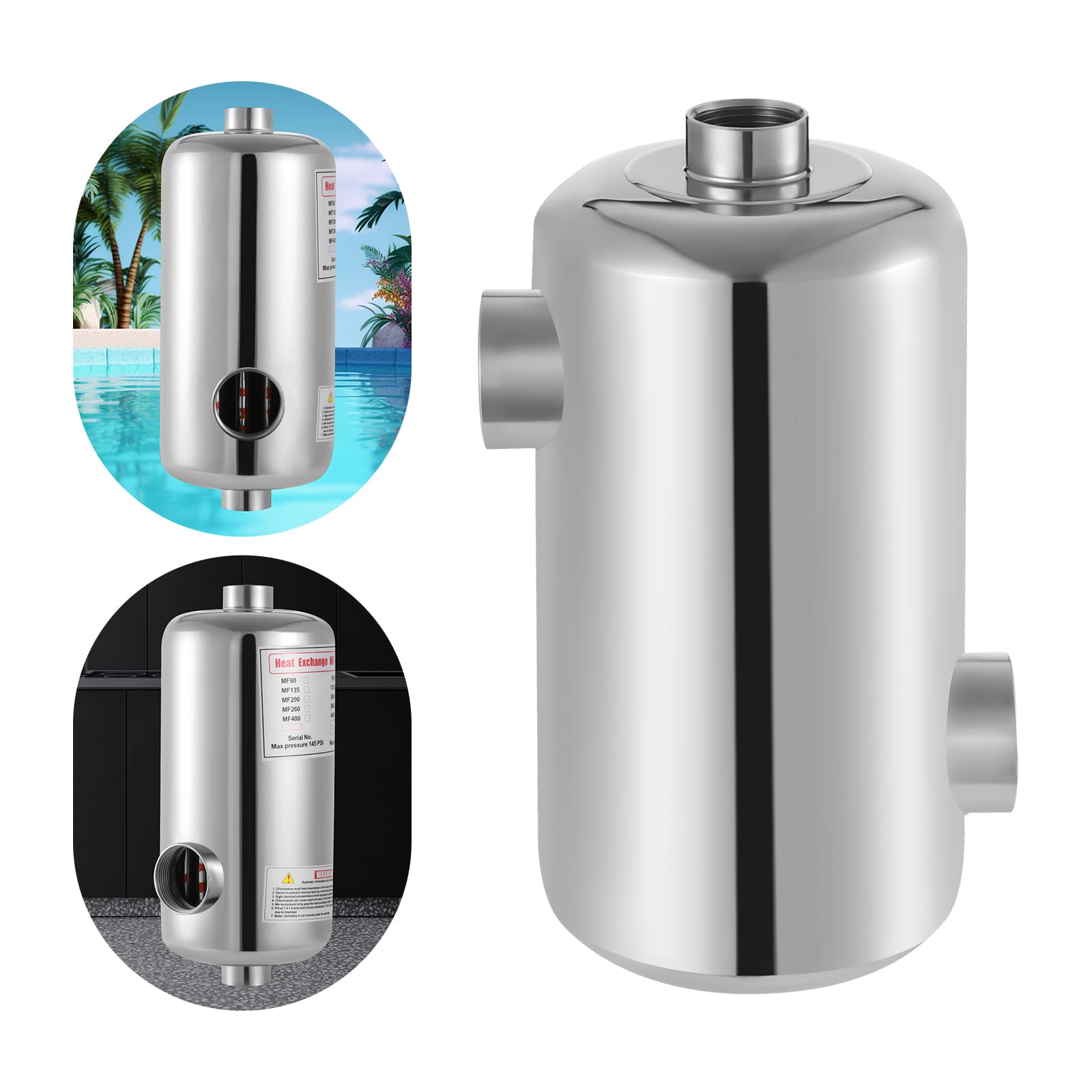 Pool heat exchanger, 28kW stainless steel pool heat exchanger, for pools, spas, hot tub heating, radiant heating, solar hot water, etc Pool heat exchanger, 28kW stainless steel pool heat exchanger, for pools, spas, hot tub heating, radiant heating, solar hot water, etc