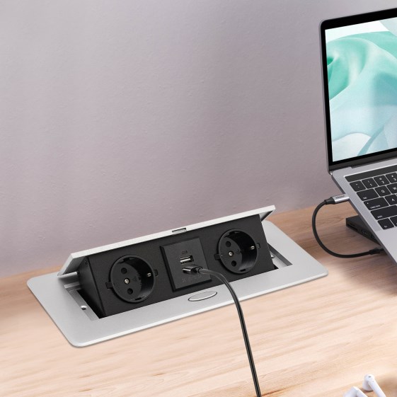 Pop-up socket with 2 USB, foldable, for kitchen/desk/workbench, silver