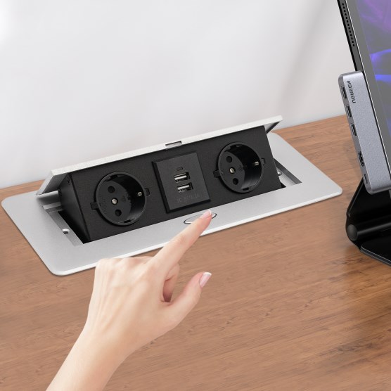 Pop-up socket with 2 USB, foldable, for kitchen/desk/workbench, silver Pop-up socket with 2 USB, foldable, for kitchen/desk/workbench, silver