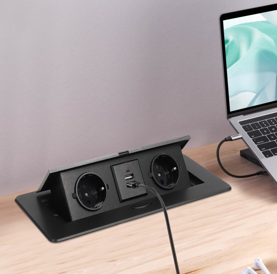 Pop-up socket with 2 USB, foldable, for kitchen/desk/workbench, black