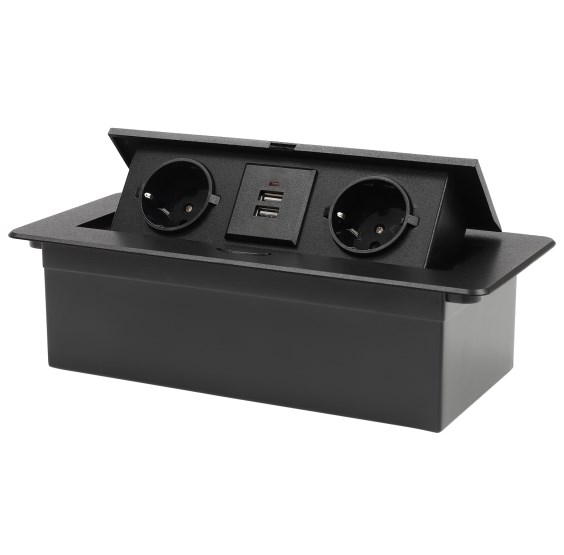 Pop-up socket with 2 USB, foldable, for kitchen/desk/workbench, black
