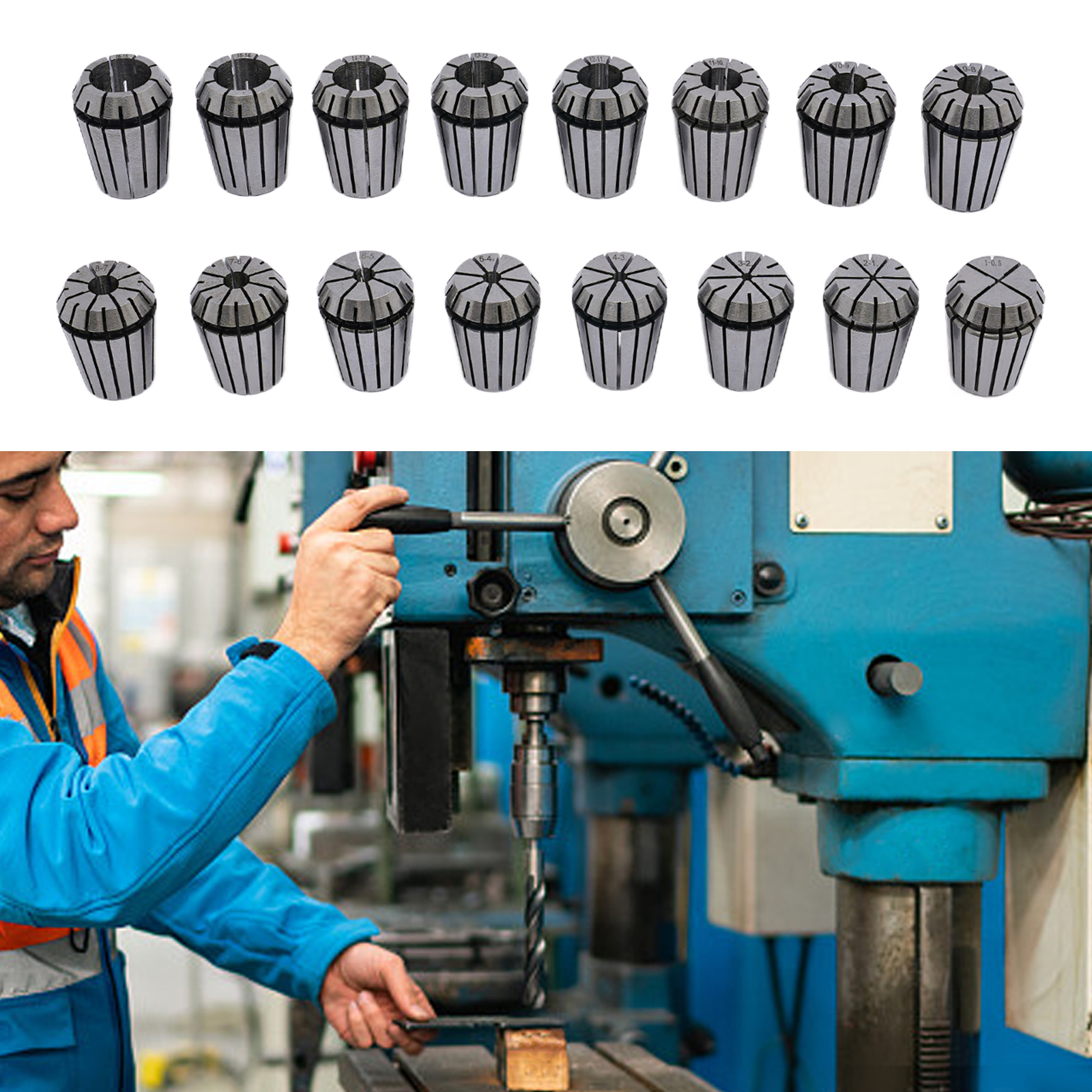 16PC ER25 Milling Spring Collet, 1-16mm CNC Drill Milling Machine Chuck Chuck, Clamping range: 1-16mm, Silver