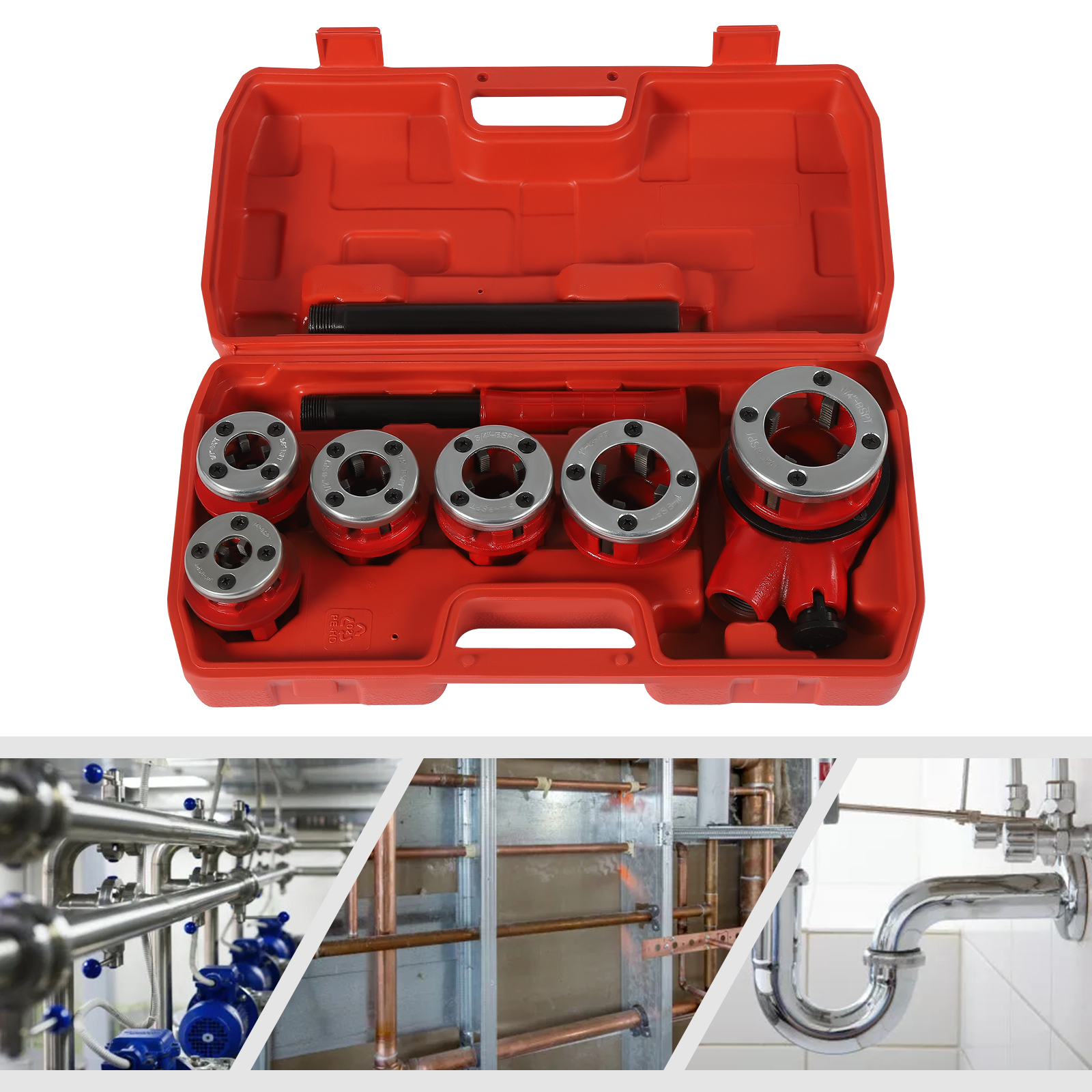 Pipe Threader Kit with Ratchet Pipe Threader Kit for Plumbers with 6 Dies and Storage Case For Galvanized Pipes PPR Pipes Copper Pipes