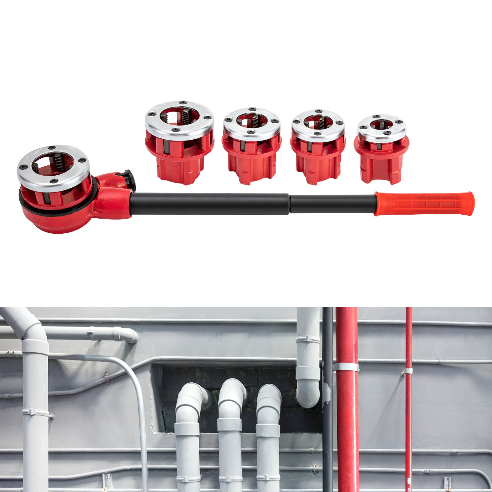 5 Dies (3/8", 1/2", 3/4", 1", 1-1/4") Pipe Threading Tool Set, Pipe Threading Tool Set, Cutting Tool Set for Plumbers