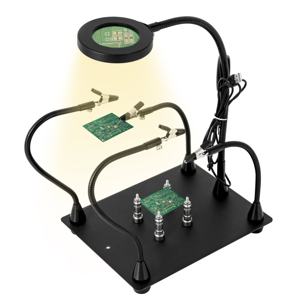 Helping Hands Soldering Clamp Station 3X LED Magnifying Glass Lamp with Magnetic PCB Circuit Board Holder Heavy Duty Base with Flexible