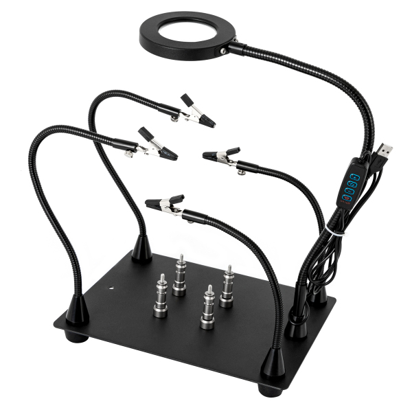 Helping Hands Soldering Clamp Station 3X LED Magnifying Glass Lamp with Magnetic PCB Circuit Board Holder Heavy Duty Base with Flexible