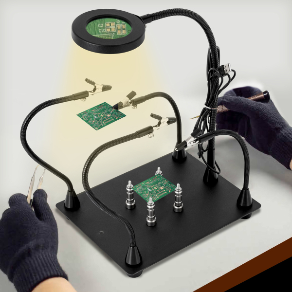 Helping Hands Soldering Clamp Station 3X LED Magnifying Glass Lamp with Magnetic PCB Circuit Board Holder Heavy Duty Base with Flexible