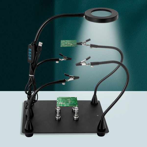 Helping Hands Soldering Clamp Station 3X LED Magnifying Glass Lamp with Magnetic PCB Circuit Board Holder Heavy Duty Base with Flexible