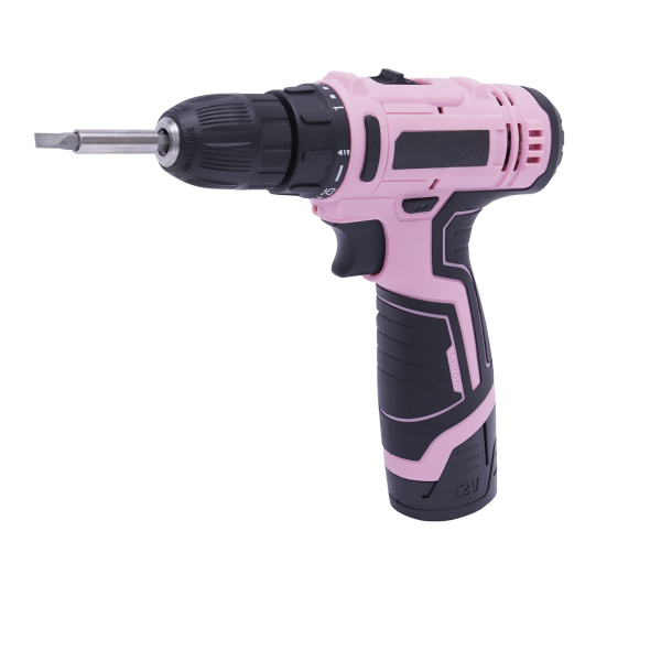 21-piece pink cordless drill set, 12-volt electric drill, 3/8” quick drill chuck