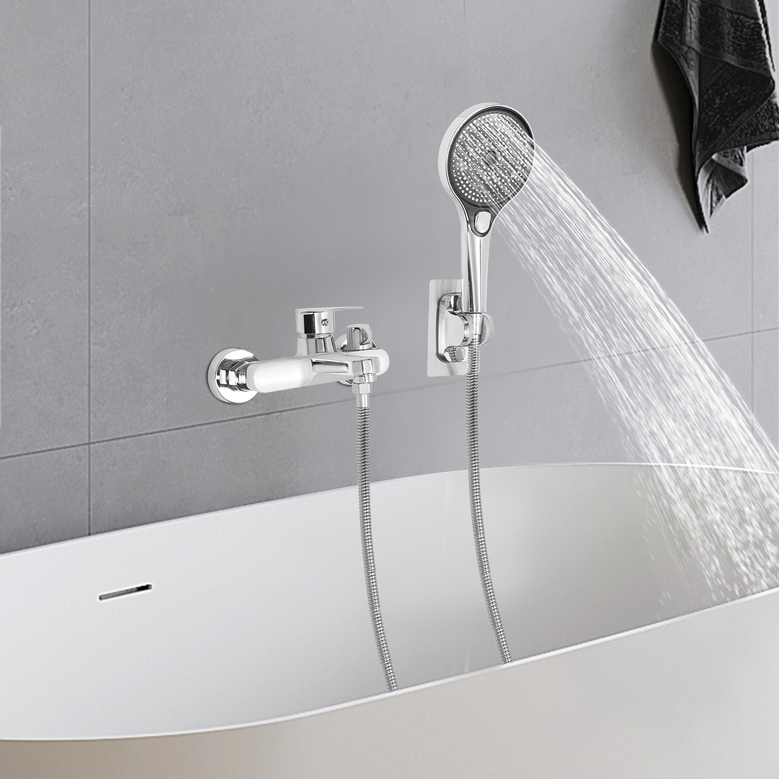 Mixer Valve Shower Bath Set, Bath Tap with Hand Shower, Wall Mounted Tap Bath with Shower Head - Sliver