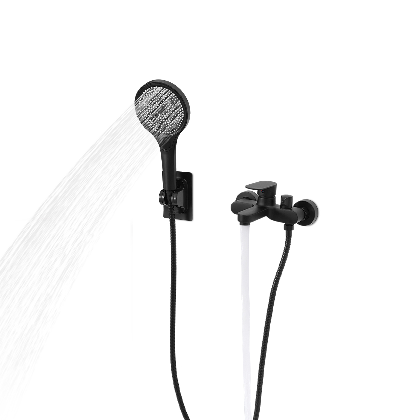 Mixer Valve Shower Bath Set, Bath Tap with Hand Shower, Wall Mounted Tap Bath with Shower Head - Black