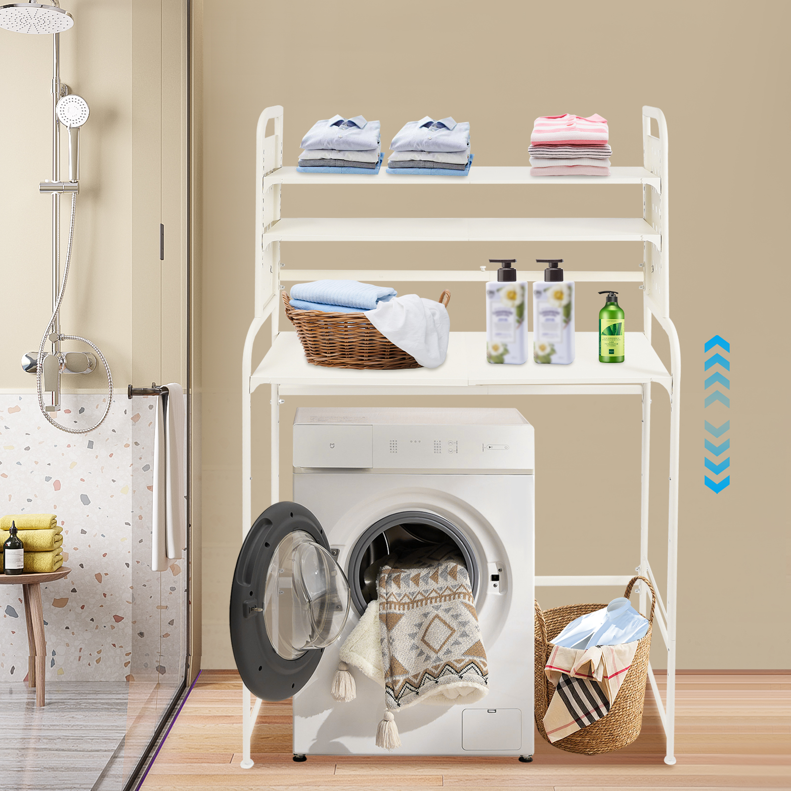 Adjustable Laundry Room Shelf, Expandable Over Toilet Washing Machine and Dryer Storage Rack, Laundry Room Storage and Organizer Standing Shelf Adjustable Laundry Room Shelf, Expandable Over Toilet Washing Machine and Dryer Storage Rack, Laundry Room Storage and Organizer Standing Shelf