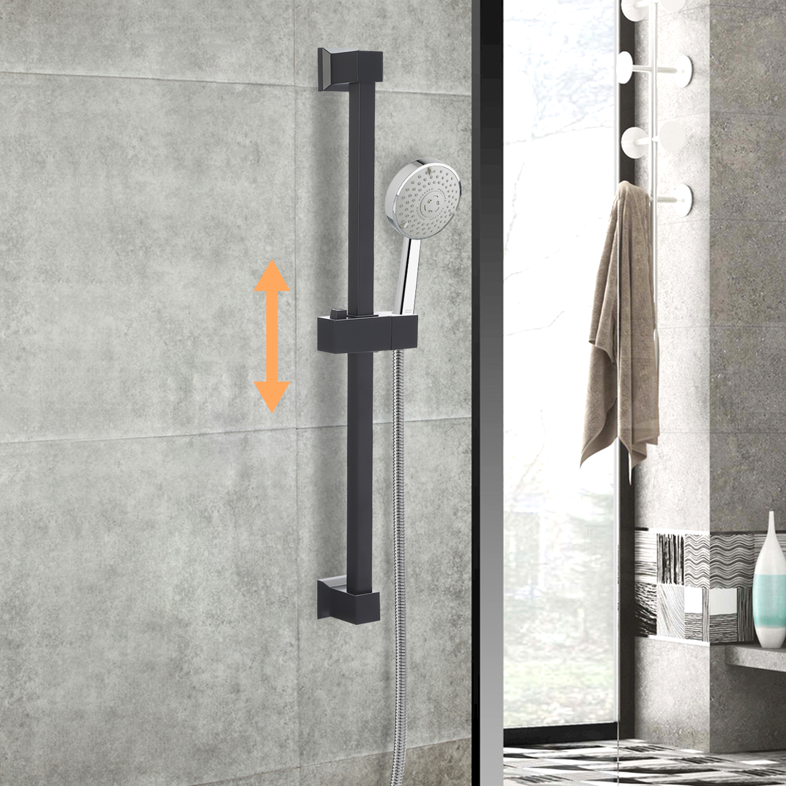 Sliding Shower Bar, Adjustable Hand Shower Support, For bathtubs, toilets, etc., Adjustable length: 62cm, Black Sliding Shower Bar, Adjustable Hand Shower Support, For bathtubs, toilets, etc., Adjustable length: 62cm, Black