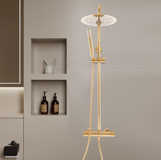 25cm Round Gold Thermostatic Shower Set, Shower System with Thermostat, Gold
