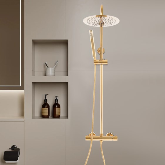 25cm Round Gold Thermostatic Shower Set, Shower System with Thermostat, Gold
