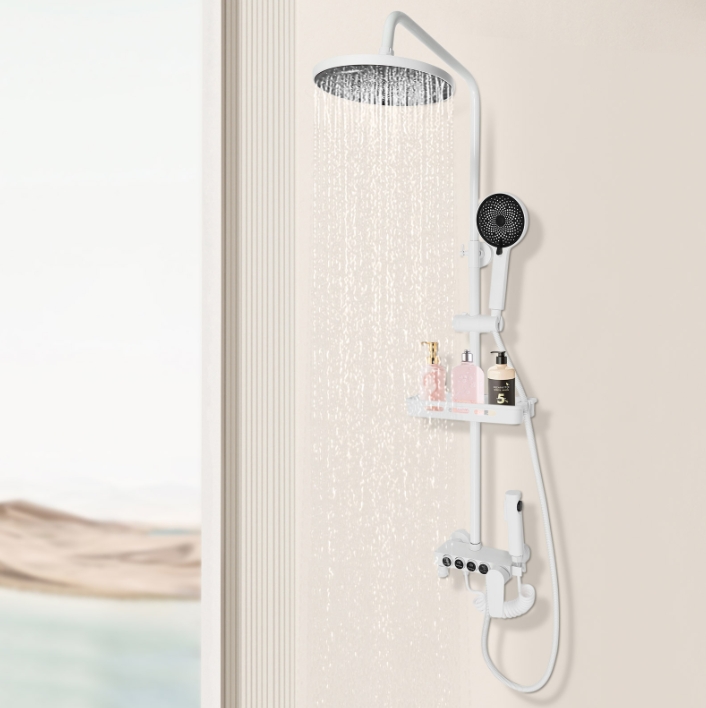 Four-speed hot and cold rain shower set, four water outlets, adjustable in height, white Four-speed hot and cold rain shower set, four water outlets, adjustable in height, white
