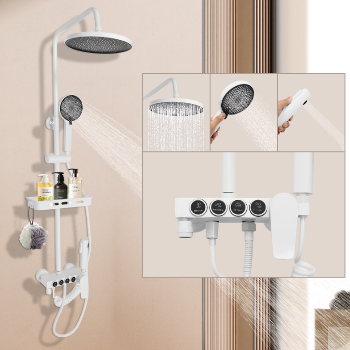 Four-speed hot and cold rain shower set, four water outlets, adjustable in height, white Four-speed hot and cold rain shower set, four water outlets, adjustable in height, white