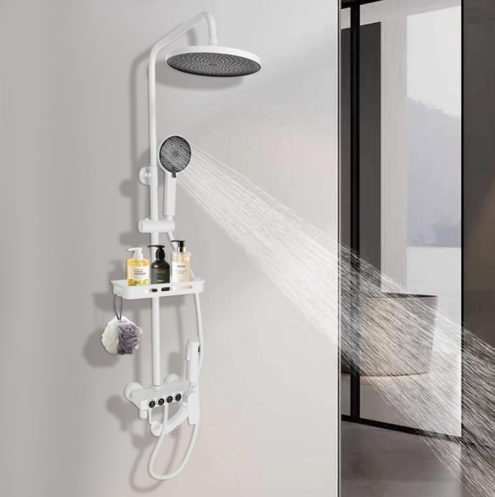 Four-speed hot and cold rain shower set, four water outlets, adjustable in height, white
