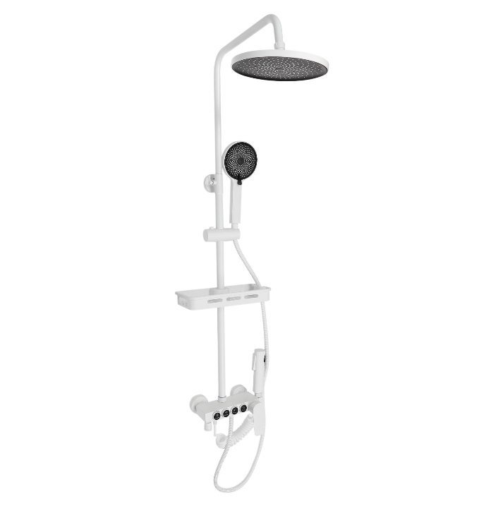 Four-speed hot and cold rain shower set, four water outlets, adjustable in height, white