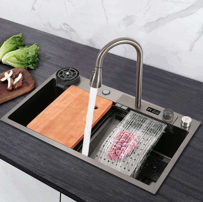 32"x18" Digital Stainless Steel Sink Faucet, 201 Stainless Steel, Three Water Modes