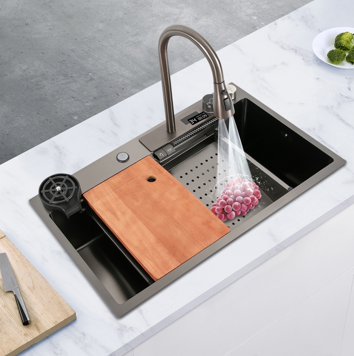 32"x18" Digital Stainless Steel Sink Faucet, 201 Stainless Steel, Three Water Modes