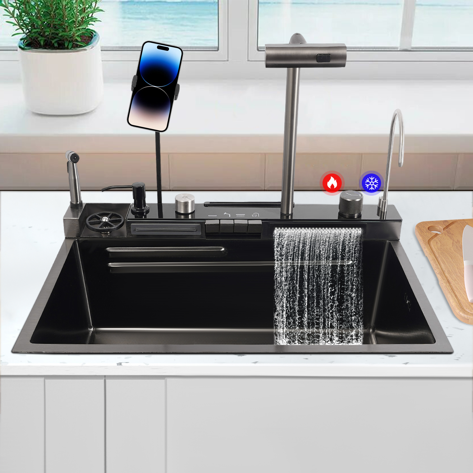 CNCEST Sink 304 Stainless Steel Kitchen Sink Dark Grey Digital Display Kitchen Sink