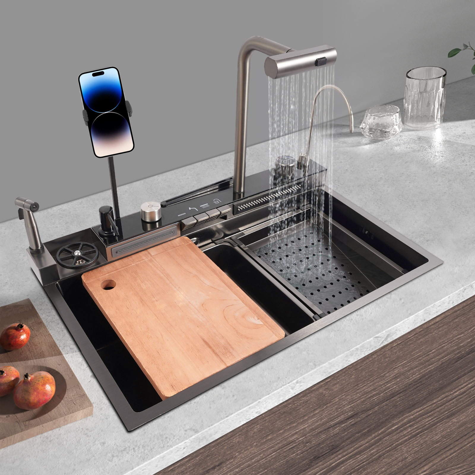 CNCEST Sink 304 Stainless Steel Kitchen Sink Dark Grey Digital Display Kitchen Sink