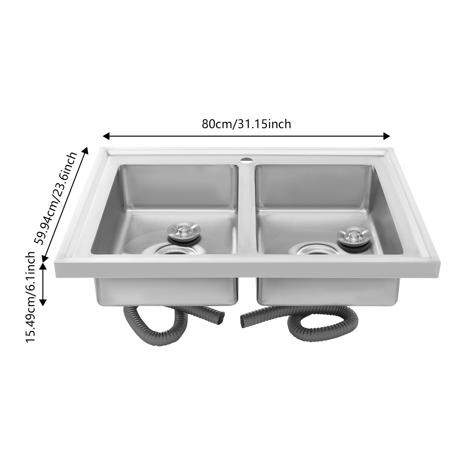 Stainless steel double trough with drain board 800x600x155 mm