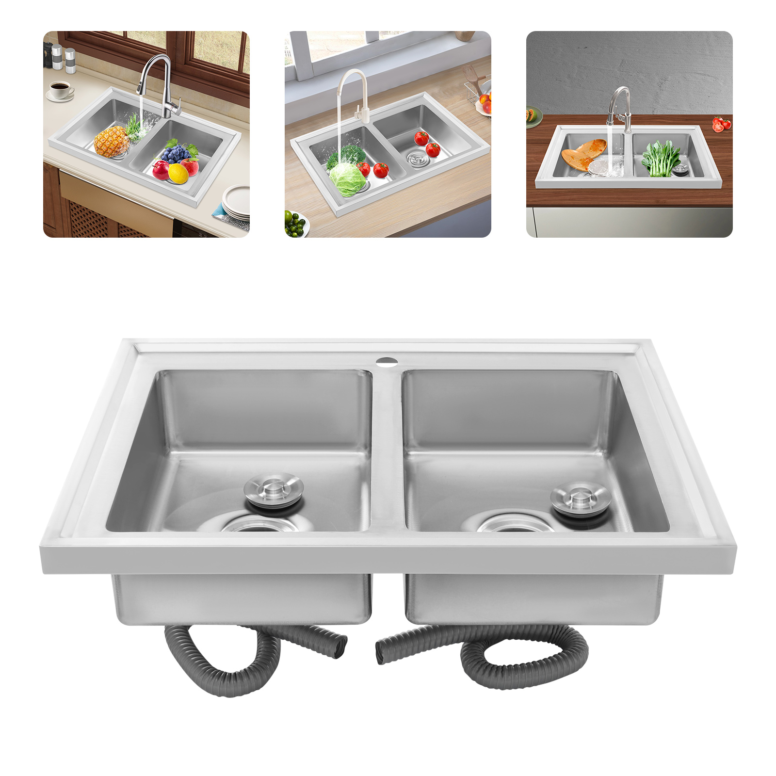 Stainless steel double trough with drain board 800x600x155 mm