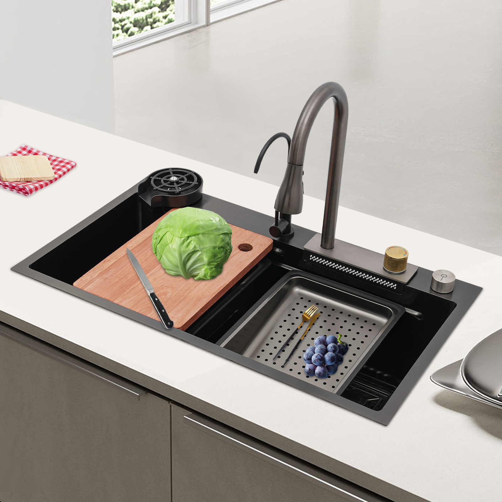 Multifunctional Waterfall Sink, Practical Sink, Built-in Sink for Home Kitchens, Restaurants, Hotels - Black