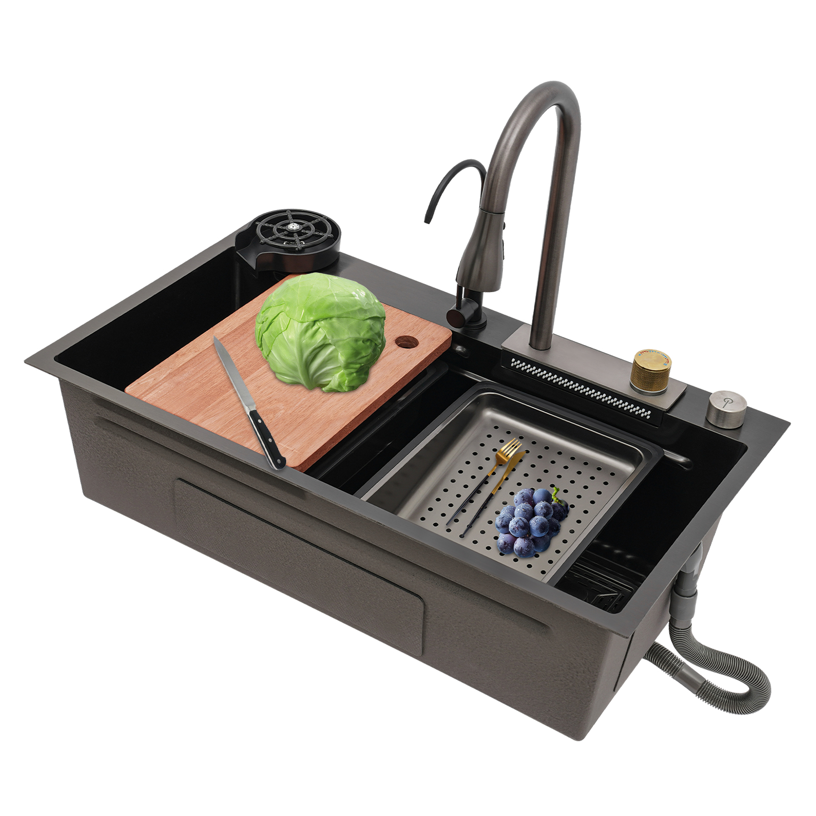 Multifunctional Waterfall Sink, Practical Sink, Built-in Sink for Home Kitchens, Restaurants, Hotels - Black
