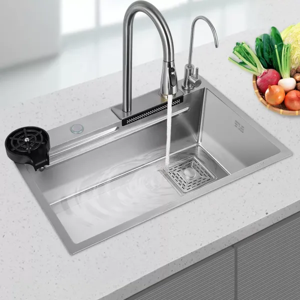 Single Bowl Kitchen Sink Waterfall Bar Sink Stainless Steel Sink Set Integrated Sink with Pull Out Faucet