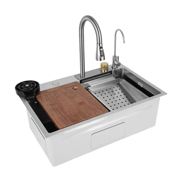 Single Bowl Kitchen Sink Waterfall Bar Sink Stainless Steel Sink Set Integrated Sink with Pull Out Faucet