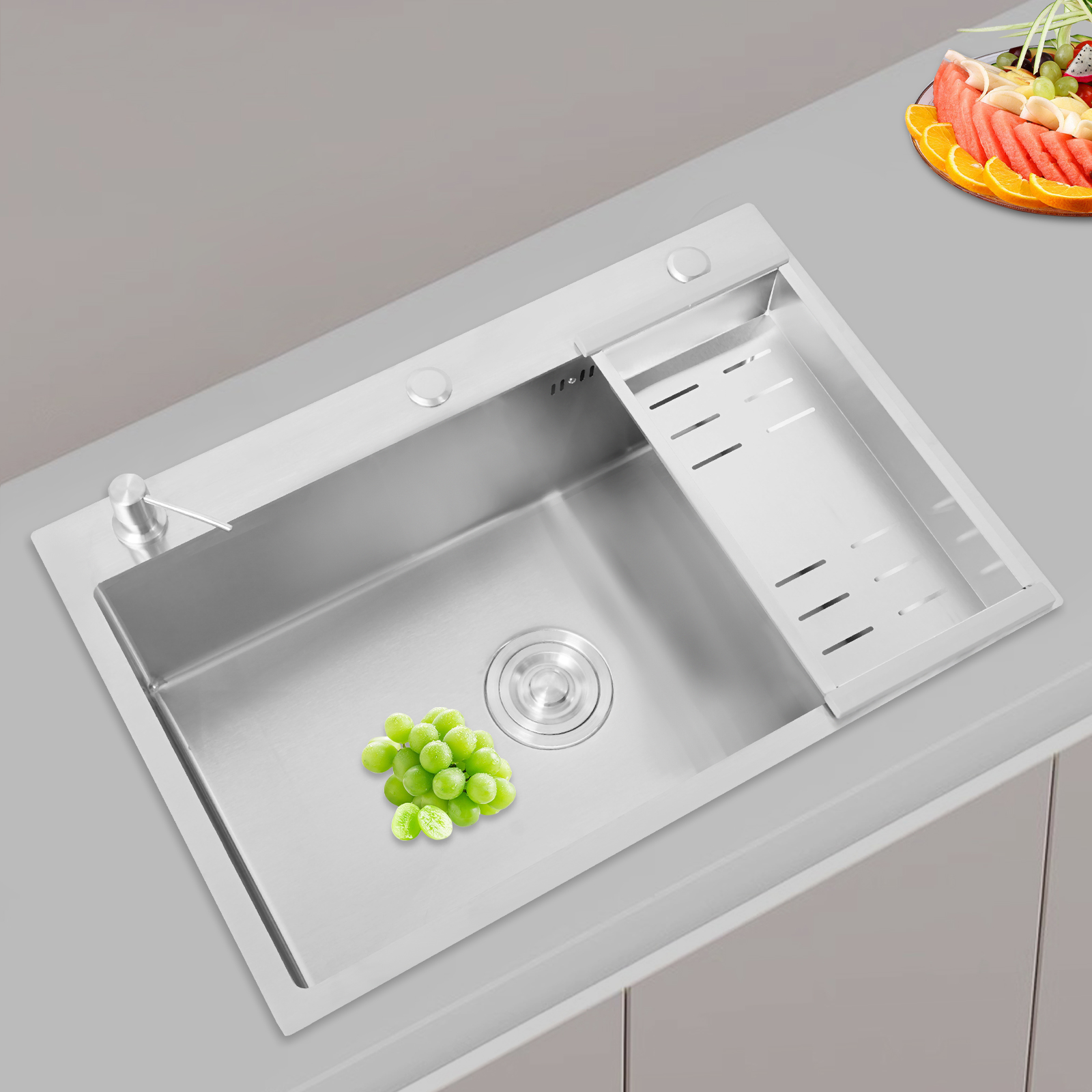 Sliver Stainless Steel Kitchen Sink, Single Bowl Sink with Soap Dispenser and Draining Basket, Kitchen Sink without Faucet