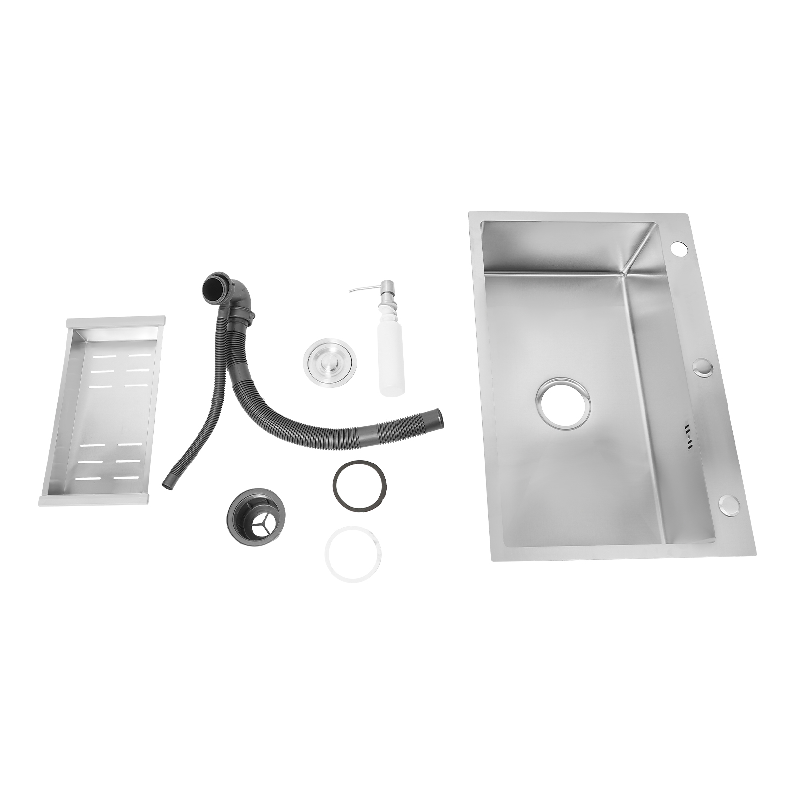 Sliver Stainless Steel Kitchen Sink, Single Bowl Sink with Soap Dispenser and Draining Basket, Kitchen Sink without Faucet Sliver Stainless Steel Kitchen Sink, Single Bowl Sink with Soap Dispenser and Draining Basket, Kitchen Sink without Faucet